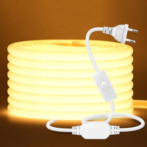 Wisada 230V COB Neon LED Streifen 20m, 270°Beleuchten Licht, Schneidbar (50cm), 288LEDs/m Superhell Flexible Warmweiß FCOB LED Leuchtband Mit Schaltstecker für Weihnachten, Party Deko