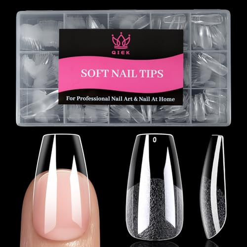 QIEK 240 Pcs Nail Tips for Gel Extensions, 15 Sizes, Half Matte Clear | Acrylic Soft Gel X, Full Cover Tips, Pre-Shaped Press On Nails