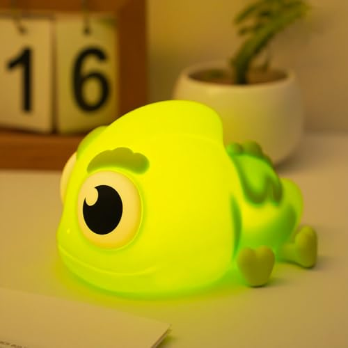 AVEKI Chamäleon Nachtlicht für Kinder, Süßes LED Großkopf Eidechsen Baby Nachtlampe Geschenke für Jungen und Mädchen, 3 Stufen Tap Dimmung Silikon Chamäleon Lampe Aufladbar Kinderlampe mit Timer