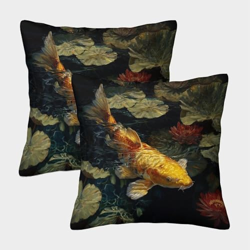 kaiyun Koi-Fische Schwimmen unter Wasser, Lotus Kissenbezug 45x45cm 2er-Pack Muster Bedruckter Square Pillowcase Dekokissen Sofa Kissen Wohnzimmer Schlafzimmer Garten