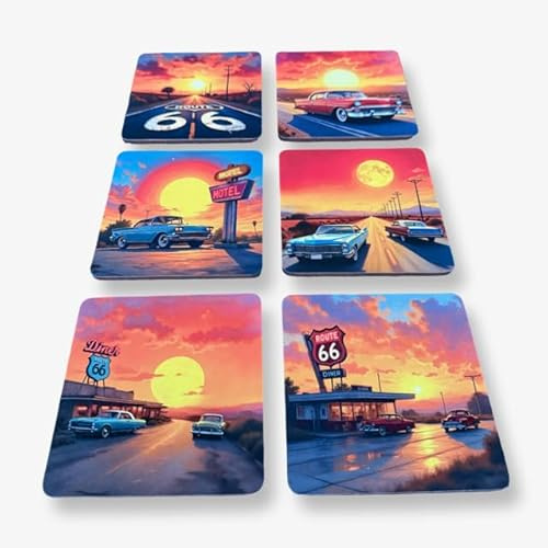 Untersetzer Glas Eckig - 6er Set - aus Holz Glasuntersetzer für Getränke, Tassen, Becher, Gläser - Design, Tischuntersetzer Vintage/Route 66 / USA/Highway/Motel