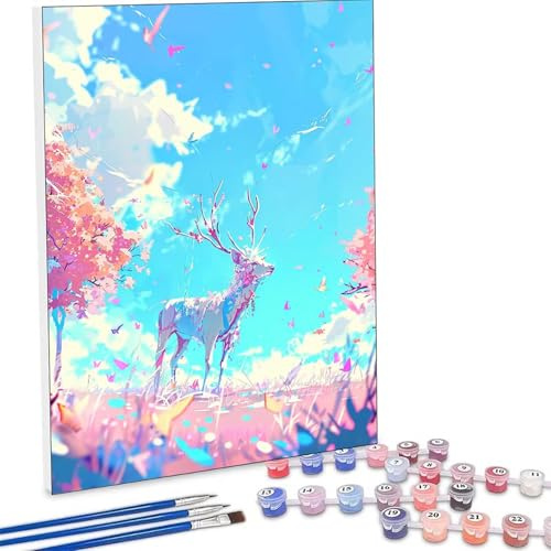 Peinture par Numéros pour Adulte, Cerf Fleur Peinture par Numero Débutants, Numéro d'art avec Pinceaux, Loisirs Créatifs Adultes Activité Manuelle, Décor de Maison 50x70cm (sans cadre) PjY333 9-M
