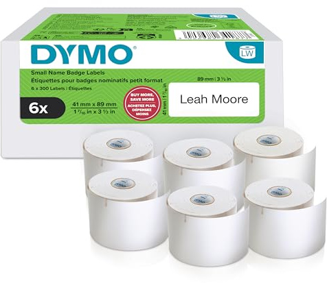 DYMO Original LabelWriter Etiketten für kleine Namensschilder | 41 mm x 89 mm | 6 Rollen mit je 300 leicht ablösbaren Etiketten (1.800 Stück) | für LabelWriter Beschriftungsgerät