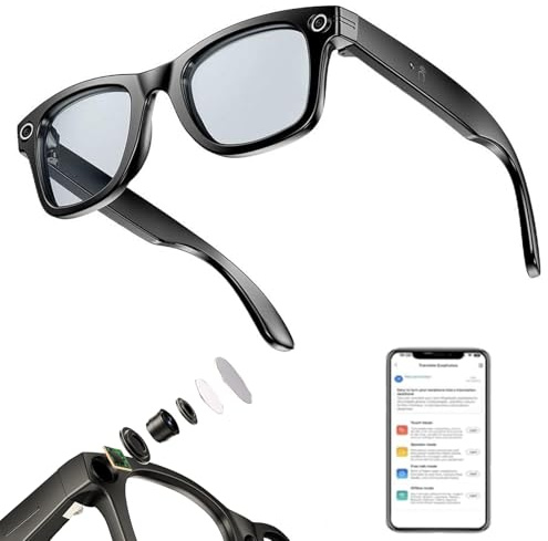 Ai Smart Glasses – 8mp Camera Glasses with Music & Call Features, Ai Brille mit Audio-Video-Aufzeichnung, Echtzeit-Übersetzung, Sprachassistent, Bluetooth-Kamera-Brille für Damen Herren (A)