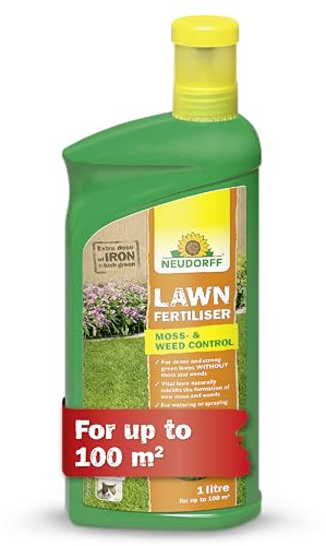 Neudorff Lawn Fertiliser Moss- & Weed Control 1 L for 100 m² – Extra dose of Iron for dense and strong green lawns without moss and weeds. With an immediate effect and Pet friendly