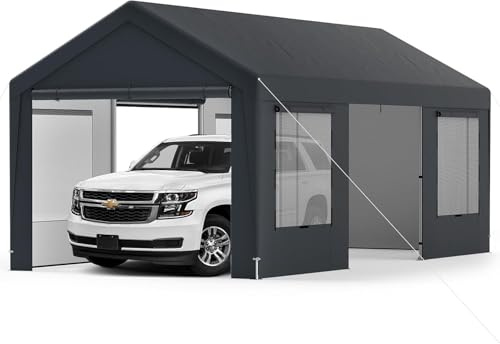 COSTWAY Garaje Exterior para Coche 5,95 X 3 m, 8 Paredes Laterales Desmontables, Puertas Enrollables, Ventanas Ventiladas, Carpa para Garaje para SUV Camión
