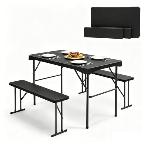 Sekey Bierzeltgarnitur Klappbar, 3er Set Balkonmöbel Set - Tisch + 2 Bänken für 4 Personen, HxBxT: 70x113x61 cm, Biertischgarnitur für Drinnen & Draußen, Schwarz