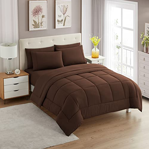 Sweet Home Collection 7-teiliges Bettwäscheset mit Tasche, einfarbig, für alle Jahreszeiten, weiche Daunen-Alternativdecke und luxuriöse Mikrofaser-Bettlaken, Braun, Twin