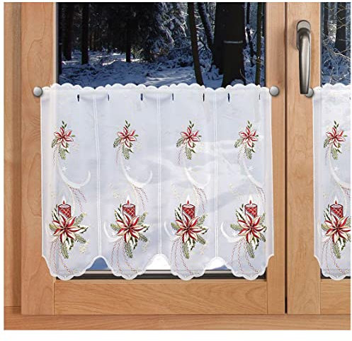SeGaTeX home fashion Weihnachts-Scheibengardine Weihnachtslicht Wintergardine mit Kerze und Weihnachtsstern Plauener Stickerei
