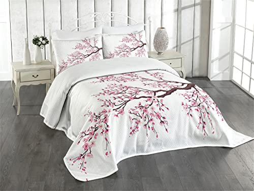 ABAKUHAUS japanisch Tagesdecke Set, Sakura Zweig Blüten, Set mit Kissenbezug Kein verblassen, für Einzelbetten 170 x 220 cm, Rosa Dunkelbraun