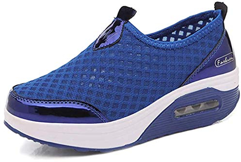 Hotcham Damen Schlankheitsschuhe Laufschuhe Plateauschuhe Gewicht Luft leicht elastisch Sport Laufen Yoga Tennis zum Überziehen Sportschuh Netzstoff flach Sommer, Blau 1, 39 EU