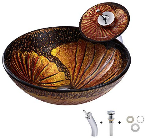 HomeLava Lavabo da Appoggio per Bagno Lavabo in Vetro Temperato Moderno Rotondo Lavandino per Bagno Disegno Foglia di Loto