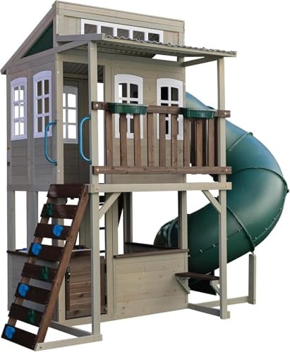 KidKraft Cozy Escape Outdoor Play Tower, Tube Slide, Wooden Climbing Frame | Two-storey garden play house with 3.6m turbo tube slide, rock wall, play kitchen and deck, made from cedar wood - Navy Blue