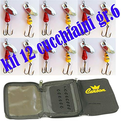 12 Cucchiaini Rotanti Pesca Trota Fiume Lago Artificiali+astuccio Porta Artificiali