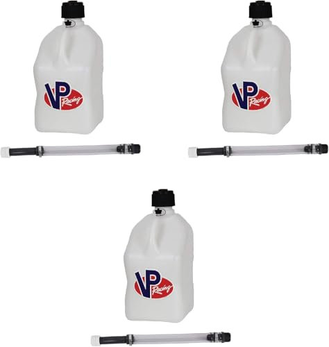 VP Racing Lot de 3 conteneurs de sport automobile blancs de 5,5 gallons avec tuyau de luxe