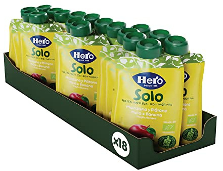 Hero Solo - Pouche Écologique de Fruit avec Pomme, Banane et Jus de Citron - Sans Conservateurs, Colorants, Additifs, Huile de Palme, Gluten ni Sucres Ajoutés, À partir de 4 mois, 100g x 18 unités