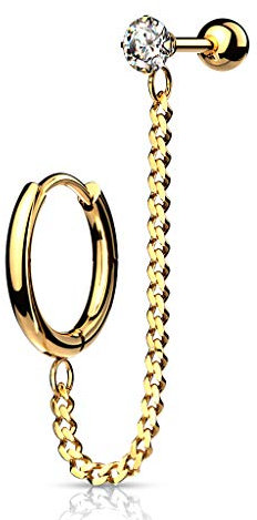 beyoutifulthings 1 Knorpel Ohr-stecker Klick-Creole Kette 4cm Zirkonia Clear 3mm Cartilage Labret Piercing-s Tragus Gold Edelstahl Schraub-Verschluss