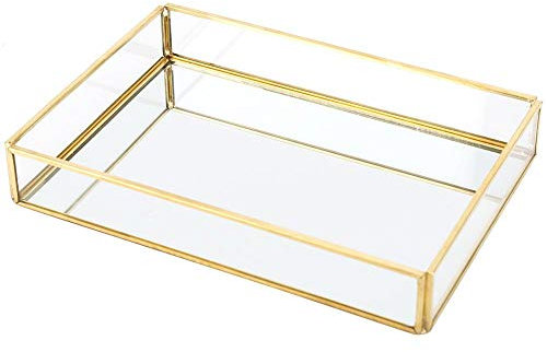 DEWIN Jewelry Box, Cosmetics Storage Box, Mirror Tray Vintage Metal Glass Storage Box Gold Tray Jewelry Cosmetics Display Boxes for Bathroom Accessories(Medium)