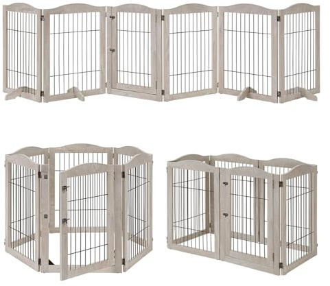 unipaws Extra Wide Hallway Dog Gate, Freestanding Tall Dog Gate, 6 Panels Pet Gate with 5 Support Feet, Wooden Foldable Stairs Barrier (Fits 203cm-330cm, Weathered Grey)