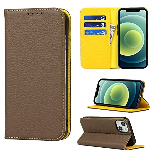 Copmob Phone Case iPhone 13 Mini,Flip Genuine Leather Wallet Case,[4 Slots][Magnetic closure][With Lanyard],Protective Cover Case for iPhone 13 Mini - Brown