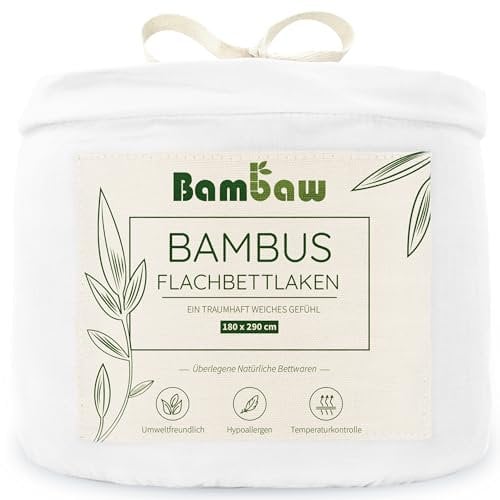 Bambaw Bambus Bettlaken ohne Gummizug 180x290 cm, nachhaltige Bambus Bettwäsche, weiches und atmungsaktives Leintuch ohne Gummizug, hypoallergene Bettwäsche, kühle Sommer Bettlaken (Weiß)
