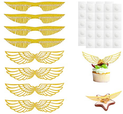 KINBOM 60pcs Gold Snitch Wings, Golden Glitter Wings Cupcake Toppers Wizard Party Chocolate Decoration Hollowed Wings for Wizard Theme Party Birthday Party Wedding Celebration Prom
