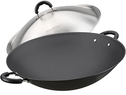 YYUINU Wok en fer avec couvercle en acier inoxydable, wok double oreille, diamètre 40 cm = 15,7 pouces
