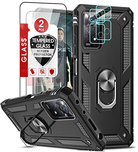 LeYi Hülle für Xiaomi Redmi Note 11 Pro/Note 11 Pro 5G Ständer Handyhülle mit 2 Panzerglas & 2*Kamera Folie,Metall Ring Militär Standard Stoßfest Case Handy Hüllen Outdoor Schutzhülle Cover Schwarz