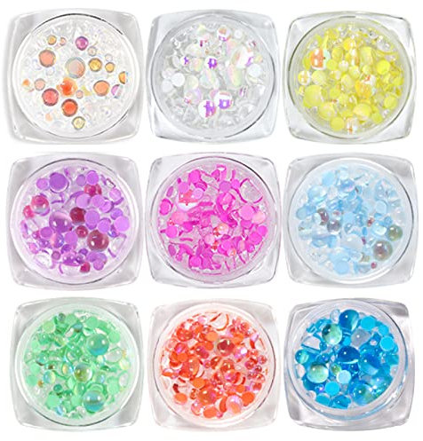 Nail Art Rhinestones, 9 Boxes Flatback Gems Half Round Crystal Mermaid Colorful Glass Pearl Beads 3D Faux Pearls Nail Art Decorations for for Crafts DIY Nail Art Clothes Shoes