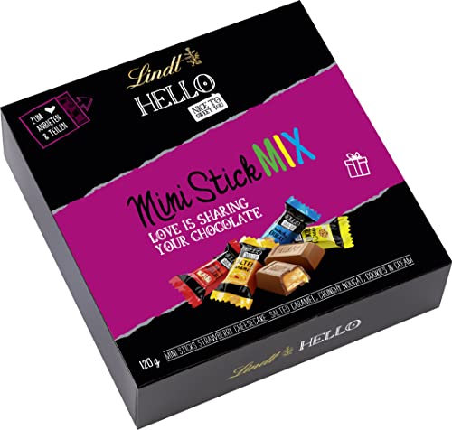 Lindt Schokolade HELLO Mini-Stick Mix Box | 120 g | Gefüllte Vollmilch-Schokolade in 4 Sorten (Strawberry Cheesecake, Crunchy Nougat, Salted Caramel, Cookies und Cream ) | kleine Schokoladengeschenke