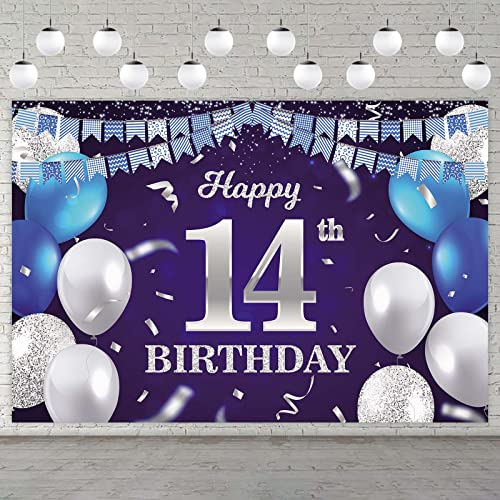 Happy 14th Birthday Banner Hintergrund Marineblau Luftballons Konfetti Streifen Flagge Lichtpunkte Cheers to 14 Years Old Thema Dekorationen Dekor für Mädchen Jungen 14. Geburtstag Party Tag Supplies