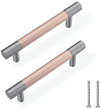 TRUSTMI Tiradores para gabinete, paquete de 10 unidades, 3-3/4 pulgadas, centro de agujero central, metal sólido, accesorios para muebles de baño, cocina, cajones, níquel cepillado y oro rosa