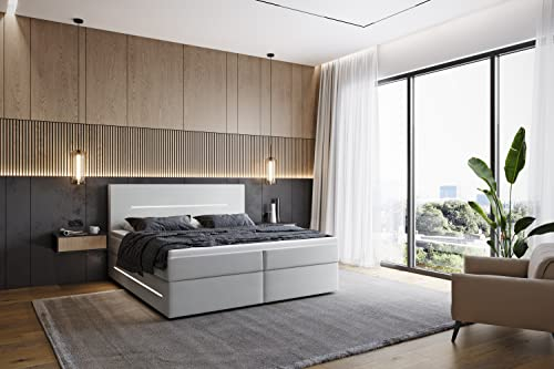 INNOCENT® - P4 LED | Boxspringbett 200x220 in Weiss Kunstleder | 7-Zonen & 3D-Air 6cm | Bonell-Federkernmatratze | H2 Härtegrad | Boxbett für Hotels | HB00