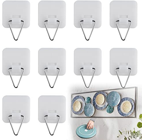 TUKNN Supporti Verticali per Piatti da Parete, Ganci Adesivi Invisibili, Ganci da Parete Bifacciali, Senza Perforazione Ganci Adesivi, per Cucina, Ufficio, Bagno, Foto e Decorazioni, Bianco, 10 PCS
