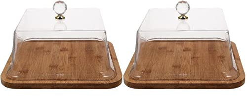 YARNOW 2pcs Wooden Cake Plate with Dome Square Cake Display Stand with Acrylic Lid for Wedding Party