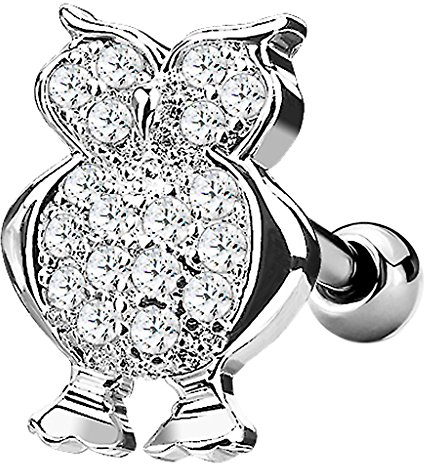 Taffstyle Piercing Stecker Eule Uhu Vogel Stud Strass Glitzer Zirkonia Kristall Ohr Cartilage Flach Tragus Helix Ohrpiercing Knorpel Barbell Stab mit Kugel Lang Silber