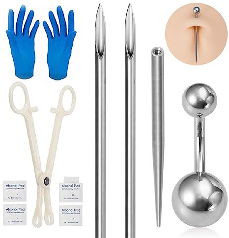 Tadipri Set di Piercing 11Pcs - 14G Aghi, Barra in Acciaio Inox per Ombelico, Pinzette - Kit per Piercing Ombelicale, Anello, Lingua e Capezzolo