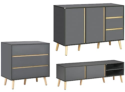 HOMCOM Ensemble de Commode 3 tiroirs, Buffet et Meuble TV Design scandinave - Meuble de Rangement sans poignée - Banc TV pour télévision jusqu'à 55 Pouces avec Passe-câbles - Gris Anthracite