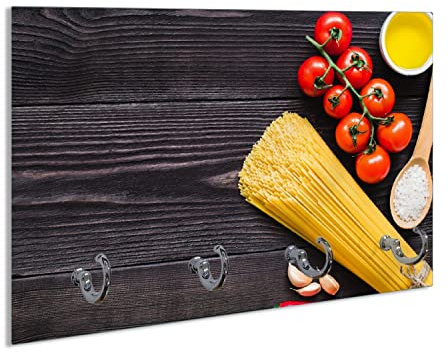 Wallario Handtuchhaken für Bad & Küche aus Glas 30 x 20 cm, Wand Handtuchhalter mit 4 Haken, Motiv: Italienisches Menü mit Spaghetti, Tomaten, Salz und Chilischoten