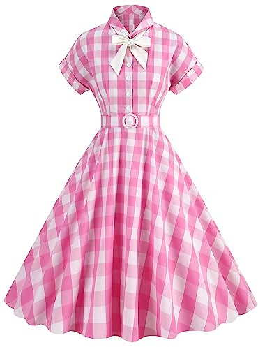 Abito da donna anni '50, stile rockabilly Hepburn, stile vintage, linea A, taglie S-5XL, Rosa a quadretti, XL