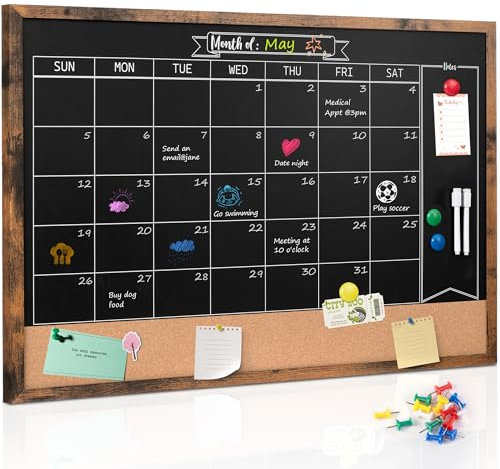 Board2by Tableau noir mensuel et tableau en liège, 61 x 91,4 cm, magnétique, montage mural, tableau noir pour bureau, cuisine, école, maison