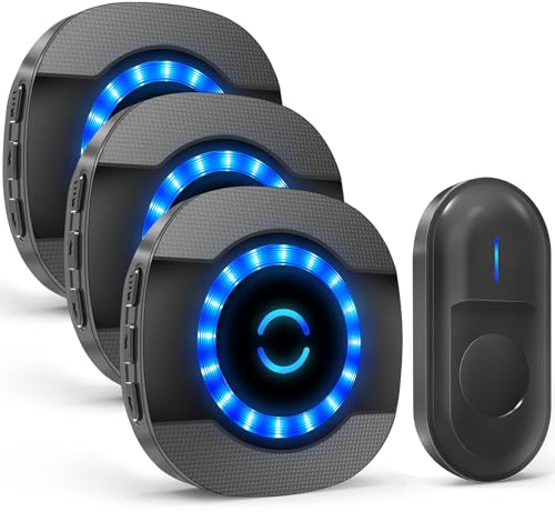 SURFOU Sonnette sans Fil, 300M Sonnette de Porte, Extérieur Étanche Kit de Carillon Electronique avec 3 Récepteur Enfichable, 5 Niveaux Volumes, 55 Mélodies et Indicateur LED Bleu, Noir