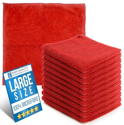 Microfiber Cleaning Cloth, Large Size 40x40cm, Super Absorbent Lint Free Microfibre Cloths Cleaning for Home, Kitchen, Surface, Mirrors, Bathrooms, Motorbike, Car (Red, 10)