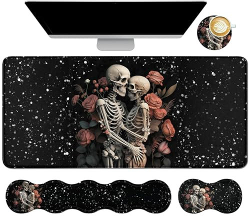 Dikoer 4Pcs Memory Foam Keyboard Mouse Wrist Rest Pad + Gaming Desk Mat 31.5 * 11.8 with Stitched Edges + Mouse Wrist Cushion + Coasters Set, Non-Slip Desk Pad Protector for Laptop Computer, Skull