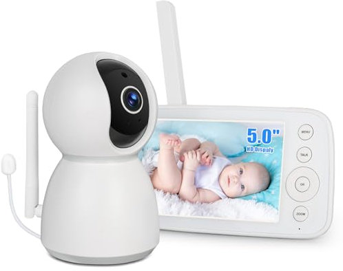 Byxsb Baby Monitor 5 inch with Camera IPS Screen LCD Display, 360°/90°Remote Pan/Tilt/Zoom, Night Vision, 2-Way Talk, 10 Lullabies, Temperature, Feeding Reminder