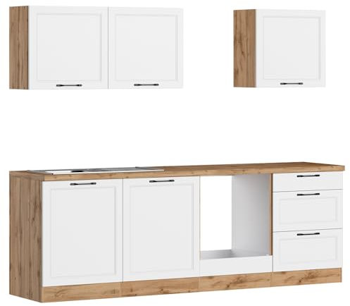 Lomadox Küche Einbauküche Küchenzeile 240 cm in weiß und Eiche, Arbeitsplatte in Eiche