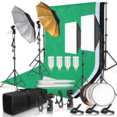 Fotografie Fotostudio Softbox-Beleuchtungsset mit 2,6 x 3 m Hintergrundhintergründen, Stativständer, Reflektorplatte und 4 Regenschirmen