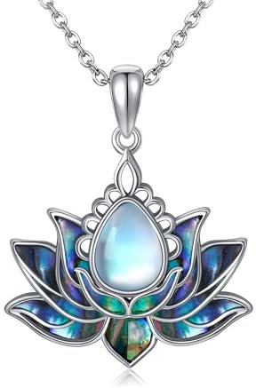 VENACOLY Lotusblumen Kette 925er Sterling Silber Abalone Mondstein Lotus Anhänger Halskette Lotusblumen Yoga Schmuck Geschenk für Damen