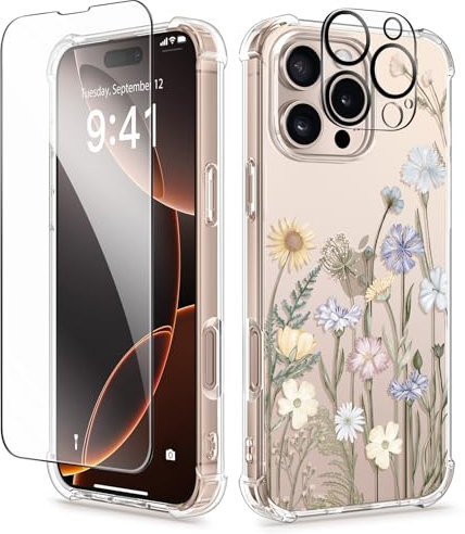 GVIEWIN Compatible with iPhone 16 Pro Case 2024,[Camera Control Button] with Screen &Camera Lens Protectors Clear Shockproof Drop Protection Anti-scratch Floral Cover for Women Girl,Vibrant Spring