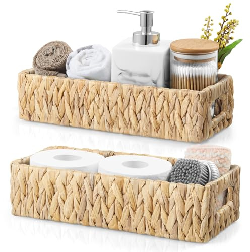 Dreamkey Nesting Wicker Storage Baskets for Organizing with Handles - Small HandWoven Water Hyacinth Toilet Paper Basket for Back of Toilet Tank Top - Storage Baskets for Coutertop Organizer, 2 Pack